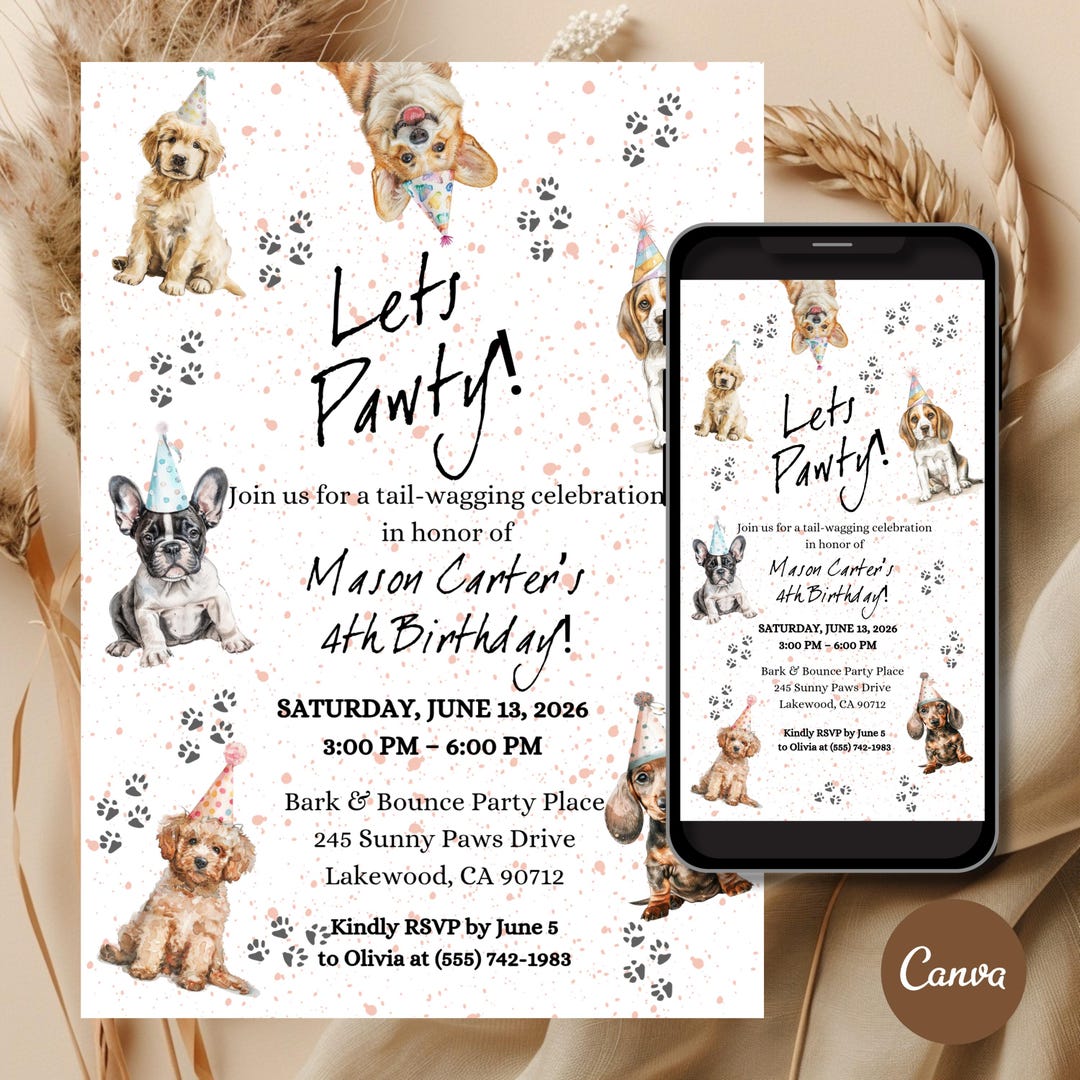Dog Birthday Invitation Template | Puppy Party Invite for Kids | Let’s ...
