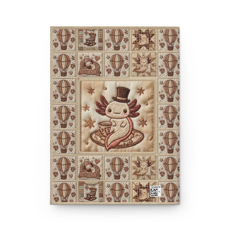 Diario de tapa dura con diseño de patchwork Steampunk de Axolotl, bordado acolchado y globo aerostático. imagen 8