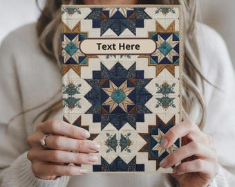 Diario de tapa dura con diseño de estrellas y patchwork, con patrón de bordado acolchado, color azul rústico tostado.