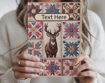 Diario personalizado de tapa dura con ciervo acolchado, estilo bordado, estilo bosque