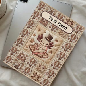 Diario de tapa dura con diseño de patchwork Steampunk de Axolotl, bordado acolchado y globo aerostático. imagen 3