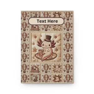 Diario de tapa dura con diseño de patchwork Steampunk de Axolotl, bordado acolchado y globo aerostático. imagen 7