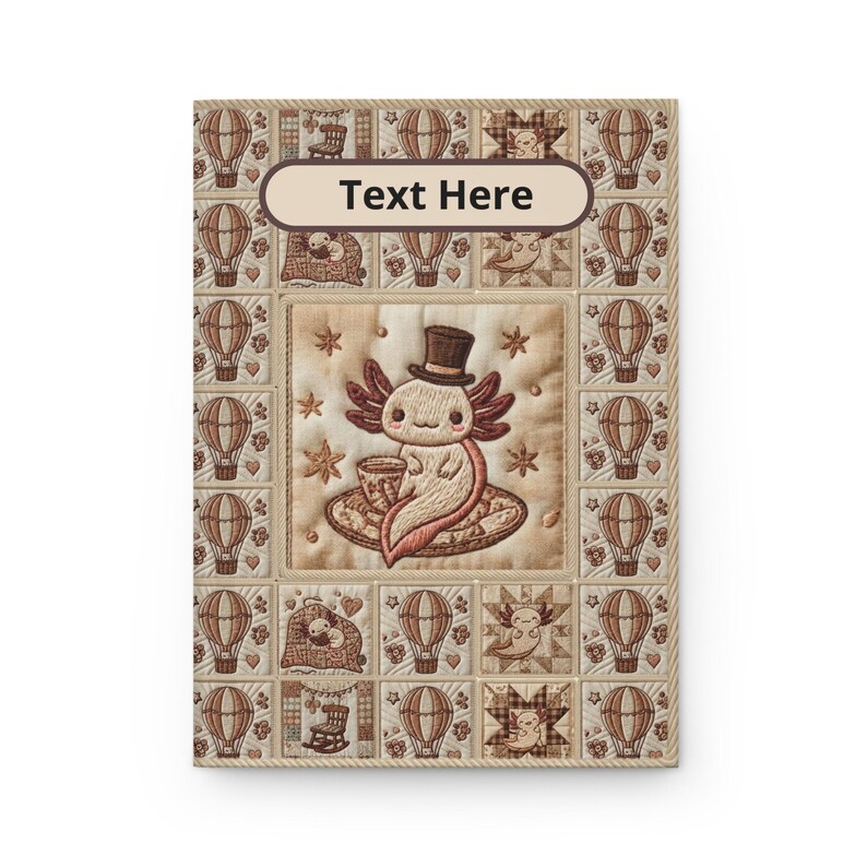 Diario de tapa dura con diseño de patchwork Steampunk de Axolotl, bordado acolchado y globo aerostático. imagen 7