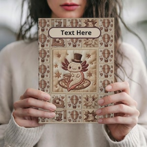 Diario de tapa dura con diseño de patchwork Steampunk de Axolotl, bordado acolchado y globo aerostático. imagen 1