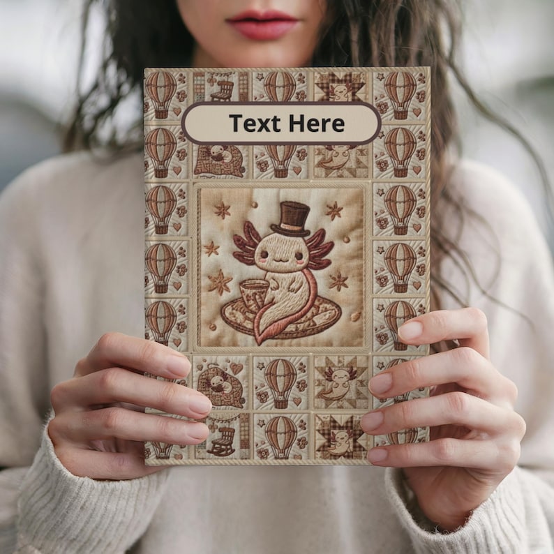 Diario de tapa dura con diseño de patchwork Steampunk de Axolotl, bordado acolchado y globo aerostático. imagen 1