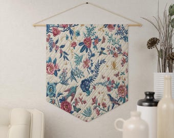 Gesteppter, kunstvoll bedruckter Stoff-Blumenwimpel, botanischer hängender Wandteppich, Cottagecore Wandkunst