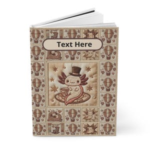 Diario de tapa dura con diseño de patchwork Steampunk de Axolotl, bordado acolchado y globo aerostático. imagen 6