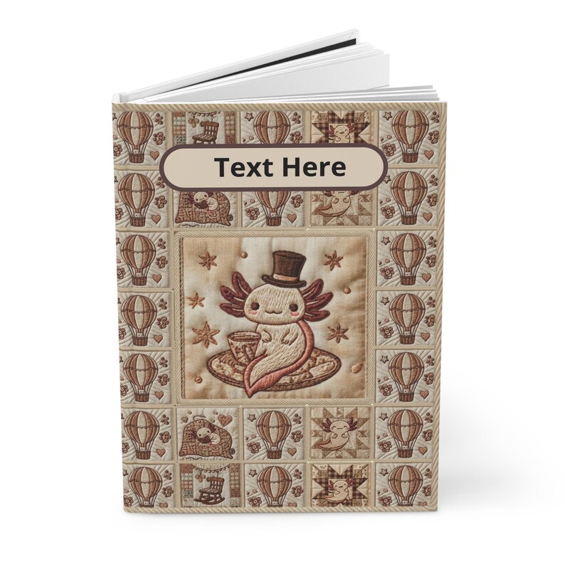 Diario de tapa dura con diseño de patchwork Steampunk de Axolotl, bordado acolchado y globo aerostático. imagen 6