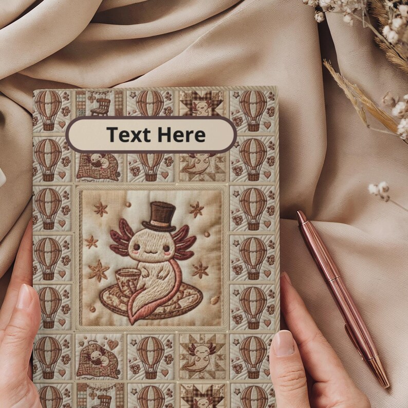 Diario de tapa dura con diseño de patchwork Steampunk de Axolotl, bordado acolchado y globo aerostático. imagen 2