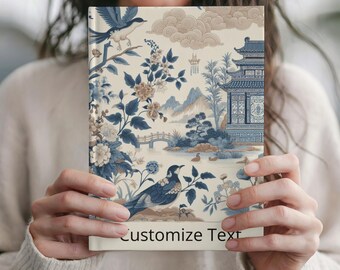 Diario personalizado de tela azul, cuaderno de pájaro con nombre personalizado, regalo de escritura campestre francesa