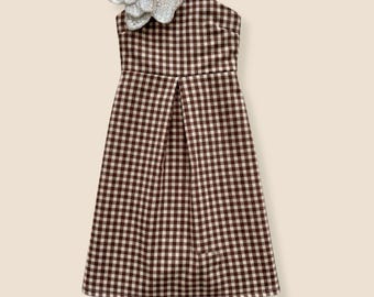 Asymmetric Brown Gingham Maxi Dress, Silver Blossom Accent, 18-Inch Doll Gown- The Rosalind