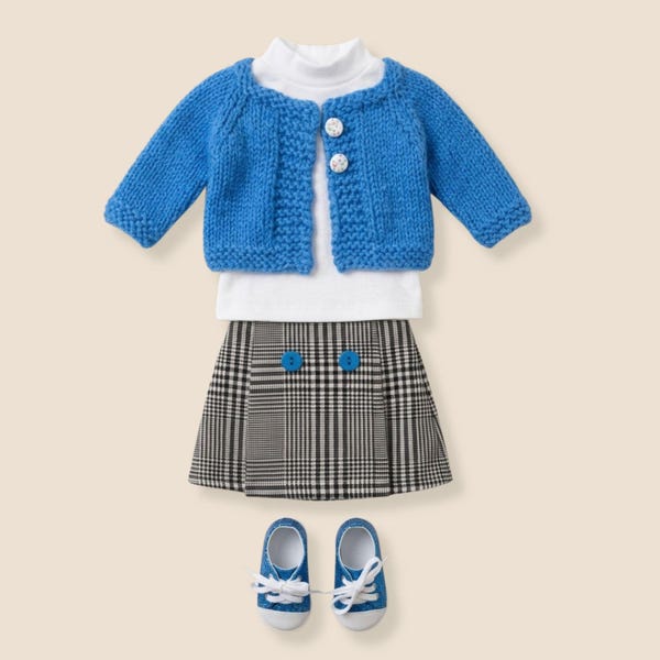 18 Inch Doll Outfit, Blue Knit Cardigan, Plaid Button Skirt, Bright Blue Sneakers - The Sabrina