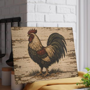 Tabla de cortar Country Rooster: accesorio de cocina rústico, superficie de corte de vidrio templado