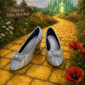 May include: A pair of silver pumps covered in sparkling rhinestones with a rectangular crystal embellishment on the toe. The shoes feature a low block heel and a light gray interior lining, displayed on a yellow brick path with a wooden sign.