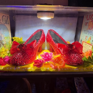 May include: A display case featuring a pair of sparkling red shoes with bows, reminiscent of the Wizard of Oz. The shoes are surrounded by flowers and two copies of the book, "The Wizard of Oz". The background is a blue and white checkered pattern.