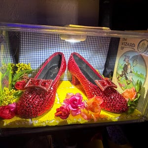 May include: A pair of red sequined pumps with square bows, displayed inside a clear rectangular case on a yellow textured base. The display includes artificial pink and yellow flowers and a book titled The Wizard of Oz on the right side.