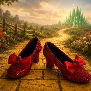 May include: A pair of red sequined pumps featuring a rounded toe, a block heel, and a prominent red satin bow on the front of each shoe. The shoes are adorned with small, reflective red crystals that cover the entire exterior surface.