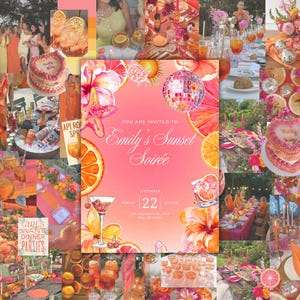 Puede incluir: Un collage de imágenes con temática de atardecer, con cócteles, arreglos florales y una invitación a una fiesta. La invitación dice "Emily's Sunset Soirée" con la fecha del 22 de septiembre. La paleta de colores incluye rosa, naranja y dorado.