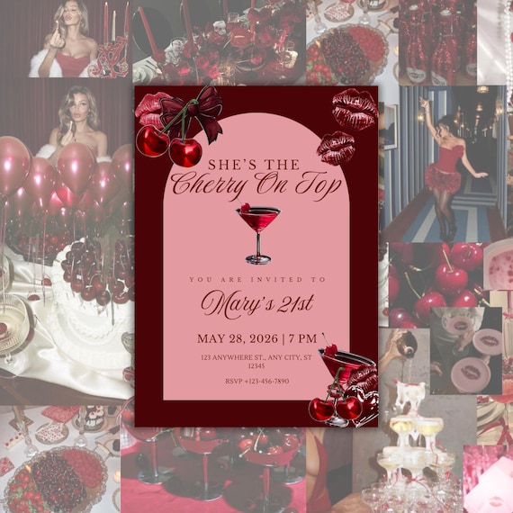 Cherry On Top Birthday Invitation, Glam Cocktail Party (Editable Canva Template)