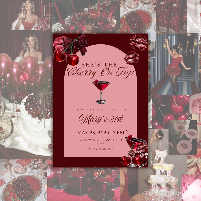 Pu&ograve; includere: Un collage con un invito a una festa con il testo "She's the Cherry On Top" e "Mary's 21st". L'invito &egrave; circondato da immagini di ciliegie, cocktail e decorazioni per feste. La combinazione di colori &egrave; principalmente rossa e rosa.