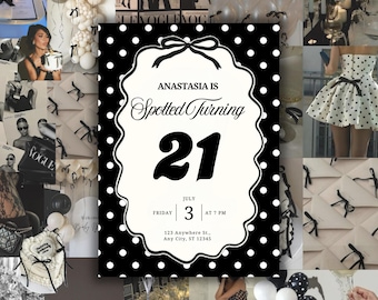 Spotted Turning Birthday Invitation | Black White Polka Dot Canva Template (Digital Download)