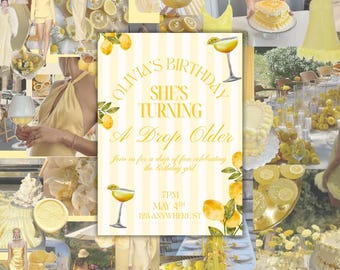 Modello di invito di compleanno a tema limone: tema "A Drop Older" (modello Canva modificabile)