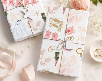 Bride Wrapping Paper | Bride Wedding Celebration Gift Wrap Paper: Champagne, Rings, Veils Mrs. Bride For Her
