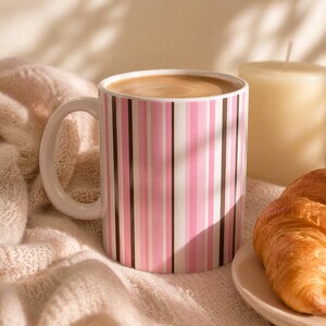 Y2k Striped Mug | 2000s Striped Ceramic Mug, Pink Brown White, 11oz Gift For Her For Him Coffee Mug Nostalgic Aesthetic Vintage Pattern