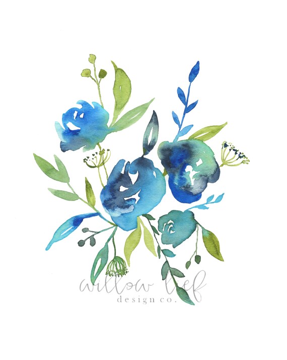 Imprimir Azul Flores Acuarela Acuarela Pintura Arte Para Etsy