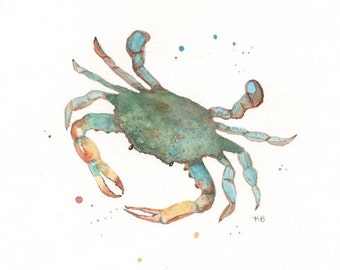 ACEO Blue Crab / teal, blue, green, yellow /  Watercolor Print