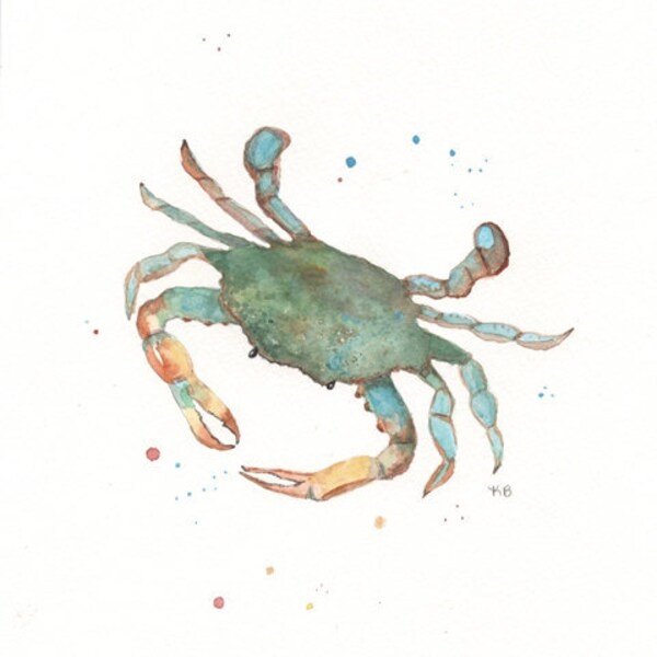 ACEO Blue Crab / teal, blue, green, yellow /  Watercolor Print