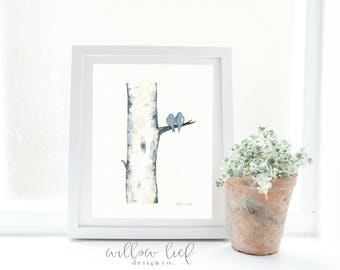 Blue Gray Birch Tree Love No. 3,  Love Birds , Romance , watercolor printable, Archival, wall art