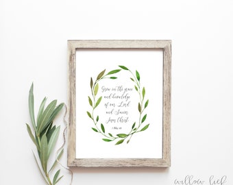 Grow in Grace Wreath Print, Wall Art , Wall Print, Watercolor Print, Bible verse Printable , instant download