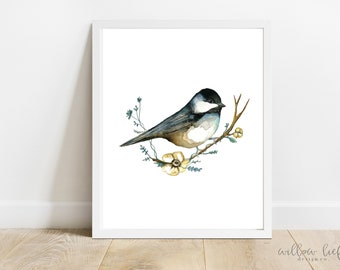 Floral Chickadee Watercolor, minimal nursery art, Boho Wall Art, Art Print, modern wall art, Printable Art, Printable, Instant Download