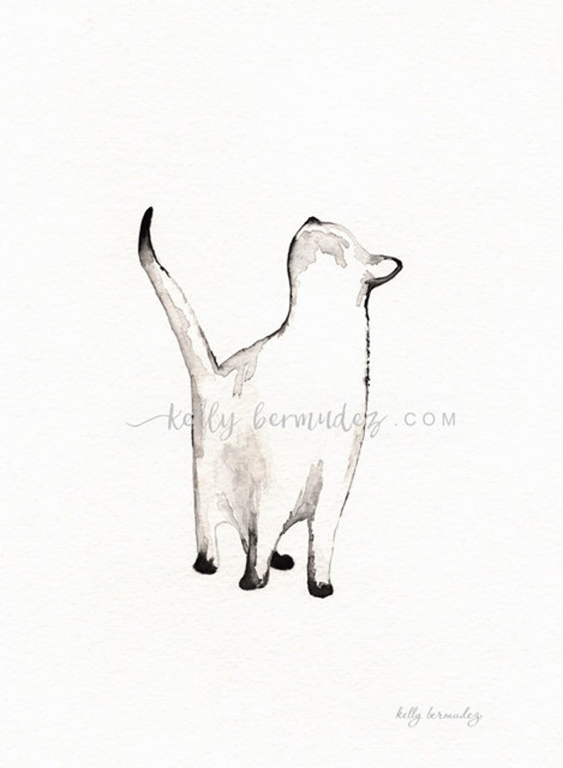 Wall Art, Cat painting, Cat Watercolor, I look to You, siamese cat, Cat art,  Minimal black and white 