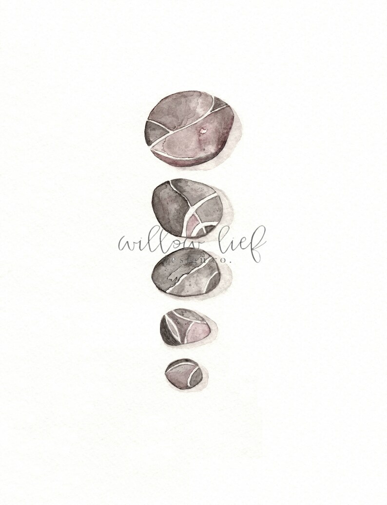 David S 5 Smooth Stones Nature Art Watercolor Print Wall Art Archival Print - 