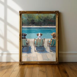 May include: A framed painting depicts three dogs relaxing in deck chairs by a pool. The dogs, of different breeds, are facing away from the viewer. The painting has a gold ornate frame and is set against a white wall and wooden floor.