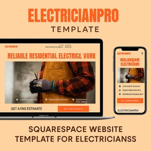 Könnte beinhalten: Squarespace Website-Vorlage für Elektriker, dargestellt auf einem Laptop und Smartphone. Der Laptop zeigt "Reliable Residential Electrical Work". Das Smartphone zeigt "Realibqiare Electricians". Das Design verwendet orange und schwarze Schrift.
