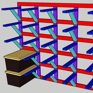 Può includere: Un colorato design di scaffalatura con elementi rossi, blu, verde acqua e viola. La scaffalatura presenta più ripiani e travi di supporto, con due contenitori marroni nell'angolo in basso a sinistra. Una soluzione di archiviazione vivace e organizzata.