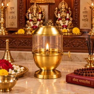 May include: A brass oil lamp with a clear glass chimney and a side adjustment knob. The lamp features a polished gold-tone finish, a circular base, and a lit wick centered inside the glass enclosure, providing a steady flame for illumination.