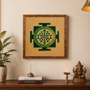Hand Embroidered Shri Yantra Wall Art | Velvet Fabric Wooden Frame | Antique Gold Finish | Acrylic Glass | Spiritual Home Decor