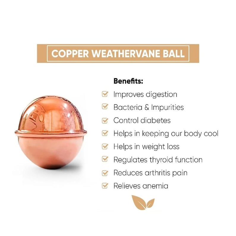 May include: A shiny, spherical copper weathervane ball with a smooth, reflective surface. Next to the object, text lists benefits including improves digestion, bacteria and impurities, control diabetes, body cooling, weight loss, thyroid, and pain.
