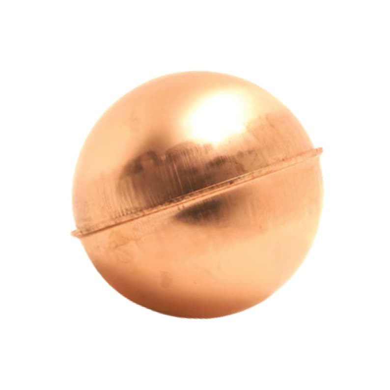 May include: A polished copper sphere with a smooth, metallic surface and a visible seam running horizontally around the center. The object reflects light, creating bright highlights on its rounded top and a warm, reddish-brown metallic tone.