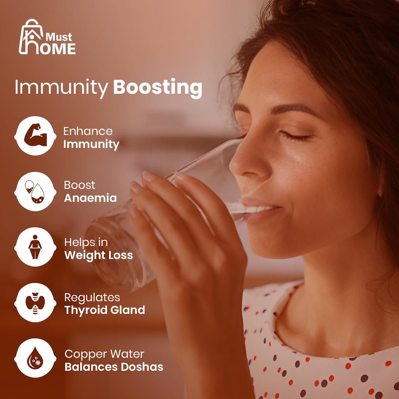 May include: A clear glass of water with text overlay including Must Home, Immunity Boosting, Enhance Immunity, Boost Anaemia, Helps in Weight Loss, Regulates Thyroid Gland, and Copper Water Balances Doshas, alongside five white circular icons.