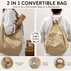 May include: A beige 2-in-1 convertible bag that functions as a shoulder bag or a backpack. The bag features a textured fabric, a front zippered pocket, adjustable straps, smooth zippers, and a sturdy top handle. Text includes 2 IN 1 CONVERTIBLE BAG, Use it as a Shoulder Bag or a Backpack, AS A SHOULDER BAG, AS A BACKPACK, 2 IN 1 DESIGN, ADJUSTABLE STRAPS, SMOOTH ZIPPERS, and STURDY HANDLE.