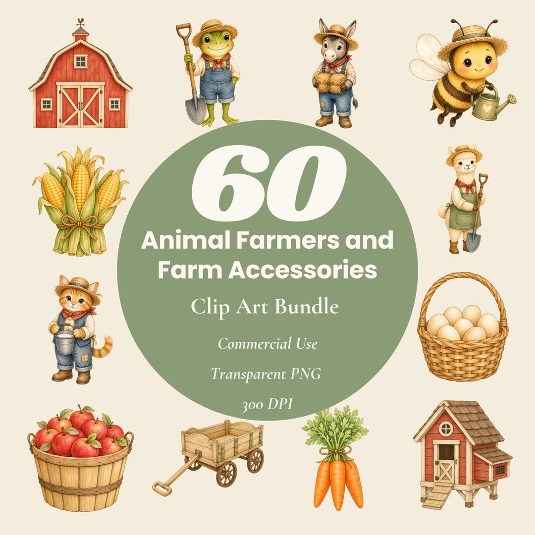 Farm Animal Clipart Bundle PNG, Bonus Printable Sticker Sheets ...
