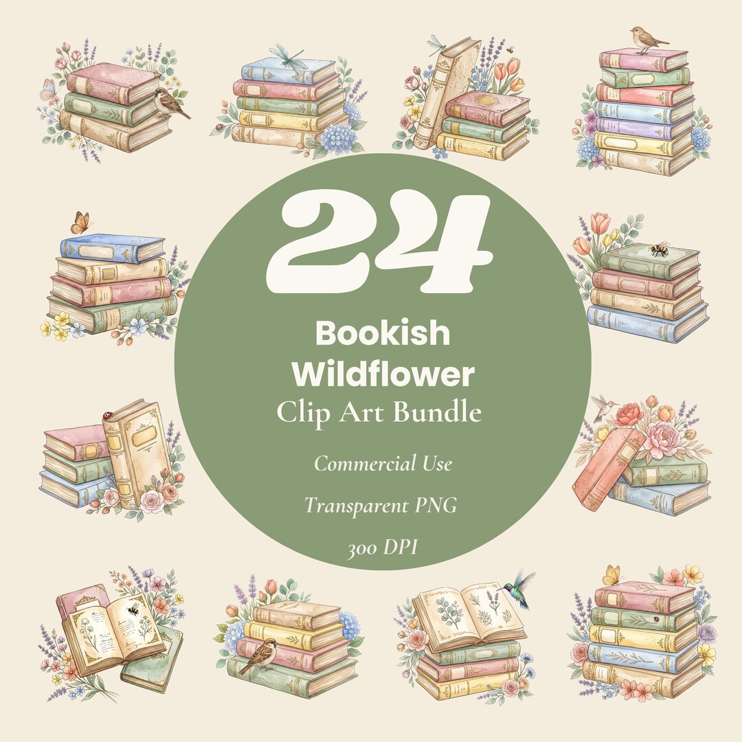 Book Lover Clipart Bundle, Floral Books PNG Clip Art, Watercolor ...