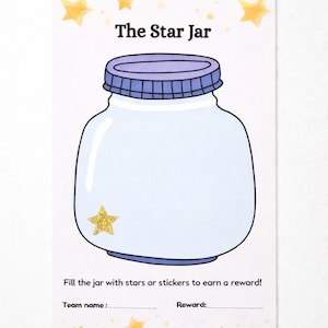 May include: A reward chart titled "The Star Jar" with a large, empty jar illustration. The jar has a purple lid and a gold star sticker. The text encourages filling the jar with stars or stickers to earn a reward. Includes space for team name and reward.