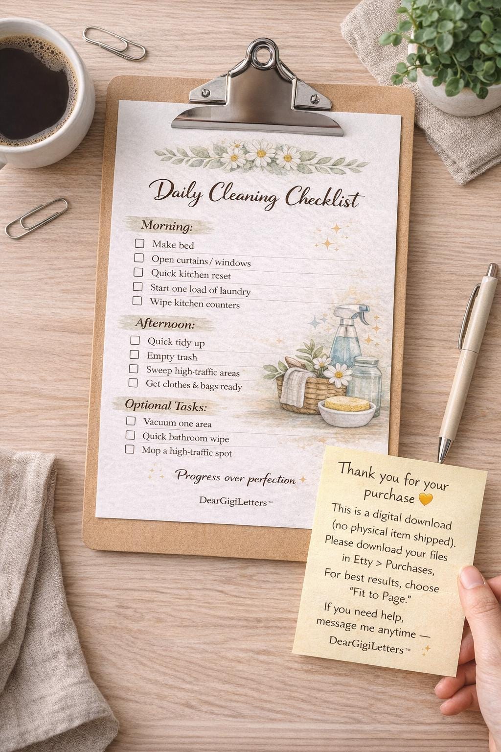 Daily Cleaning Checklist Printable, Floral Cleaning Routine, Morning ...
