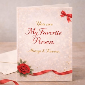 Puede incluir: Una tarjeta de felicitación con el mensaje "You are My Favorite Person. Always & Forever." La tarjeta presenta una rosa roja, una cinta roja y un lazo rojo. También se ve un sobre y una cinta roja.